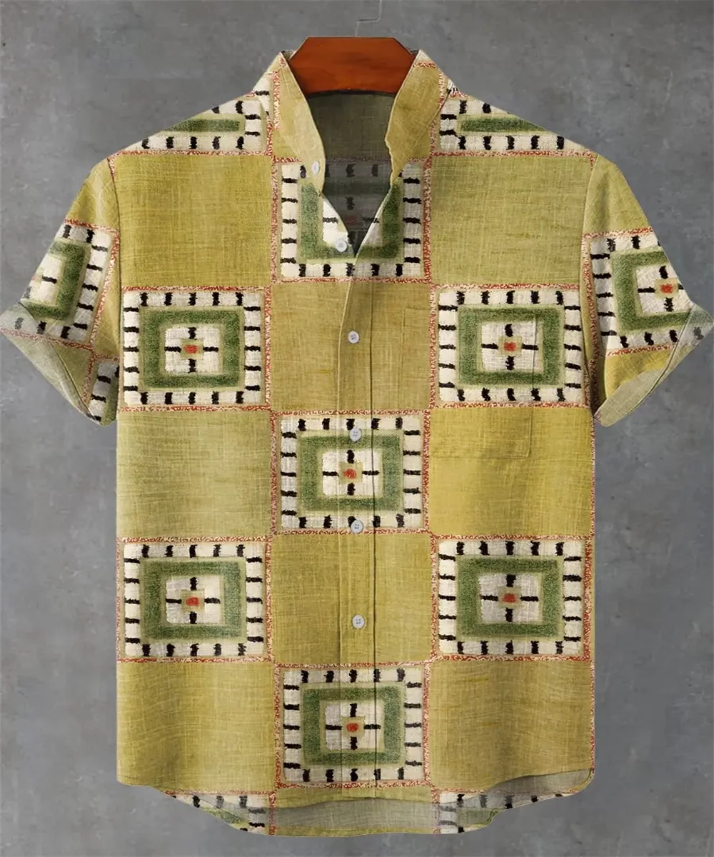 2025 Men's European and American Fashion Comfortable, Exquisite and Beautiful Pattern Linen Short sleeved Shirt Men's Casual Top