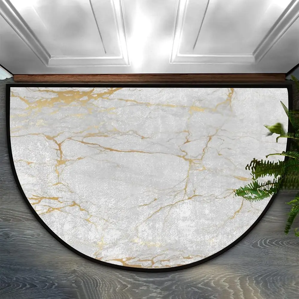 Marble Gold Half Round Rug White Stone Vein with Metallic Accents Modern Minimalist Entrance Mat for Office