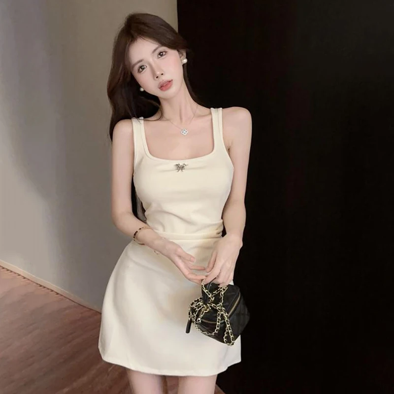 Summer Lady Solid Color Sqaure Collar A-line Sleeveless Casual Mini Dress