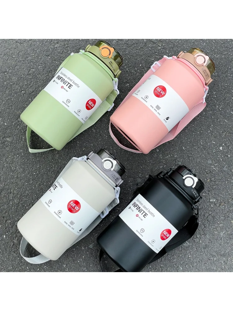 1pc 2000ml Large Capacity Stainless Steel Thermos Mug, Insulated Water Bottle with Handle & Straw, Leakproof Sports Water Jug fo