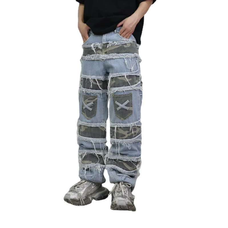 Wasteland Style Vintage Washed Distressed Ripped Patch Jeans Men Street Hip Hop Erosion Camouflage Destroyed Trousers Women