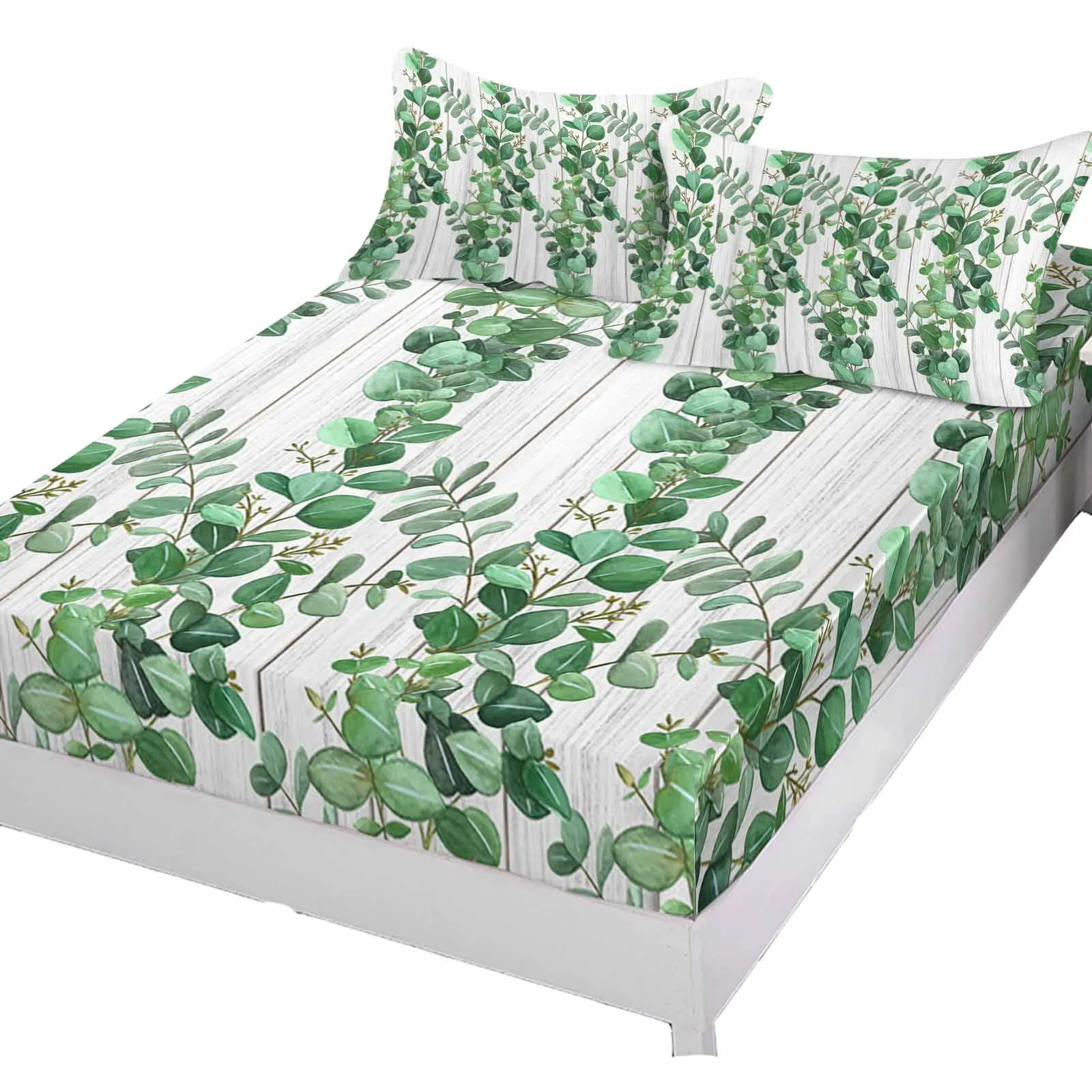 Plant Leaves Spring Polyester Fitted Sheet Mattress Cover Four Corners Elastic Band Bed Sheet Pilllowcase