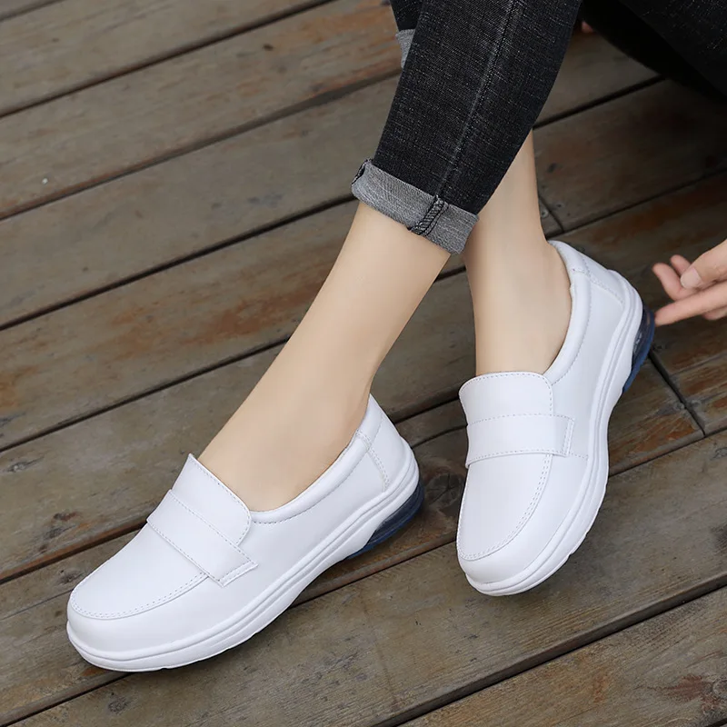 2023 Spring Autumn New Nurse Shoes Women White Leather Women Shoes Air Cushion Black Work Shoes Platform Small Leather Shoes