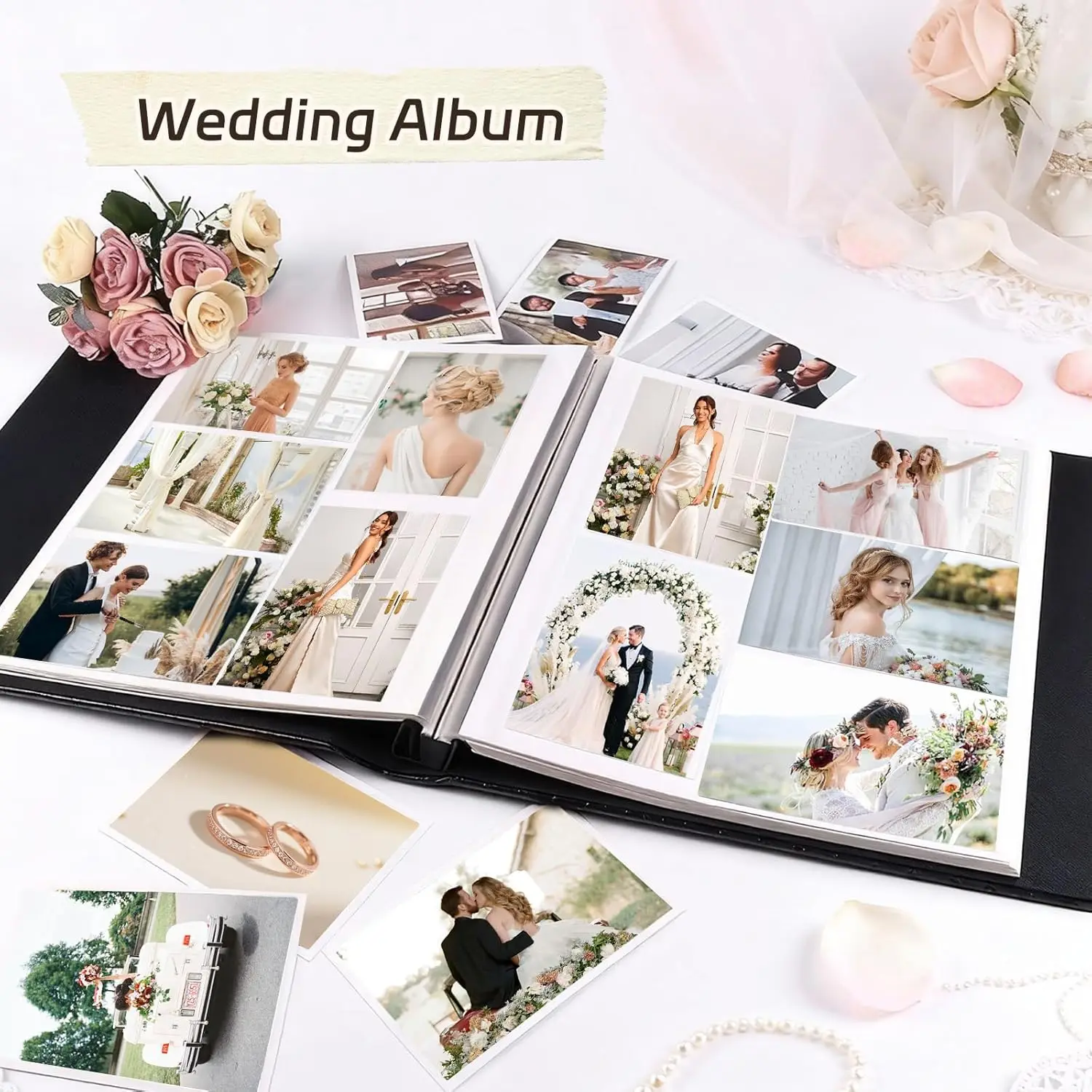 Scrapbook Photo Album 60 Pages    DIY 4x6 5x7 8x10 Photos of Any Size, Button Grain Leather Cover of Wedding Self Adhesi