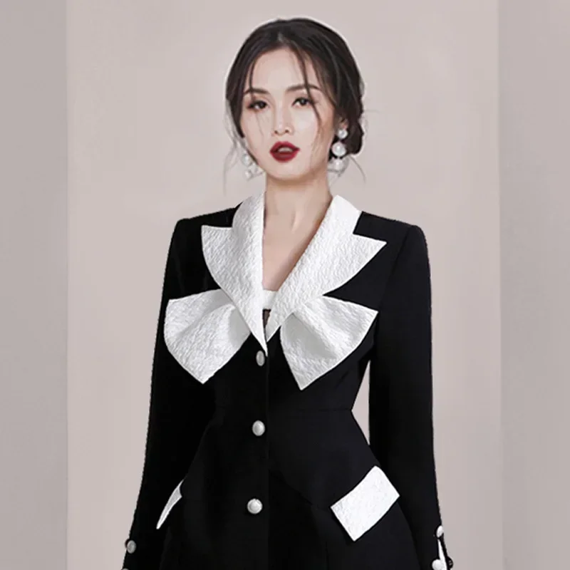 Chaqueta larga para mujer, traje Formal de oficina, ropa de trabajo de negocios, abrigo de moda, vestido de graduación, color blanco y negro, 1 pieza