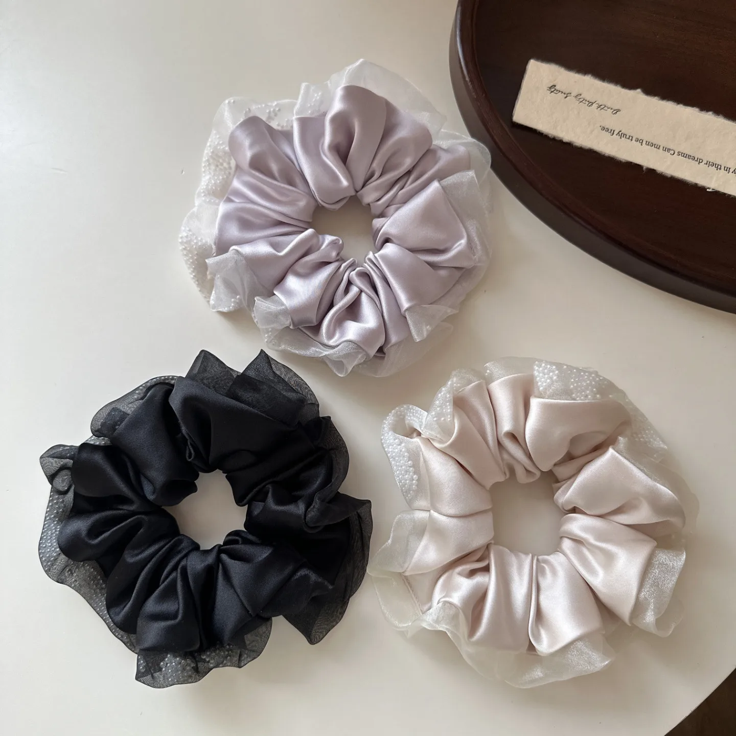

Premium Satin Scrunchie with Pearl Lace Korean Style Elegant Hair Tie for Women High Quality Soft Hair Accessory Braids