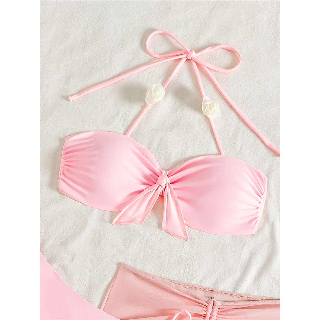 3-teiliges Set mit Rock, 3D-Blumen, Neckholder-Bikini, Damen-Badeanzug, Damen-Bademode, dreiteiliges Bikini-Set, Badebekleidung, Badeanzug, Schwimmanzug V6940 – Detail 5