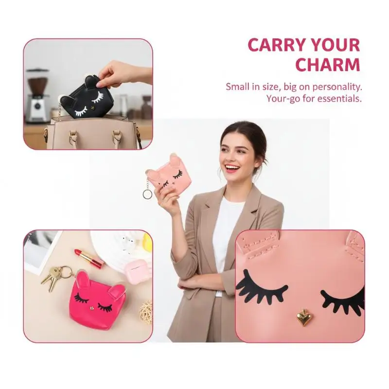Cute Cartoon Cat Zipper Coin Purse Mini Wallet Keychain Bag Lipstick Storage For Women Daily Bag