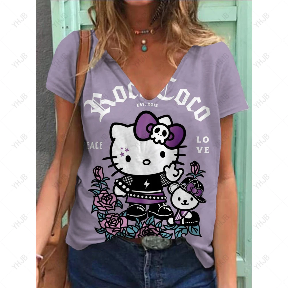 2025 Cartoon Hello Kitty 3D Stampa T-shirt a maniche corte Donna Estate Moda Per il tempo libero Con scollo a V Magliette larghe Estate Y2K Stile