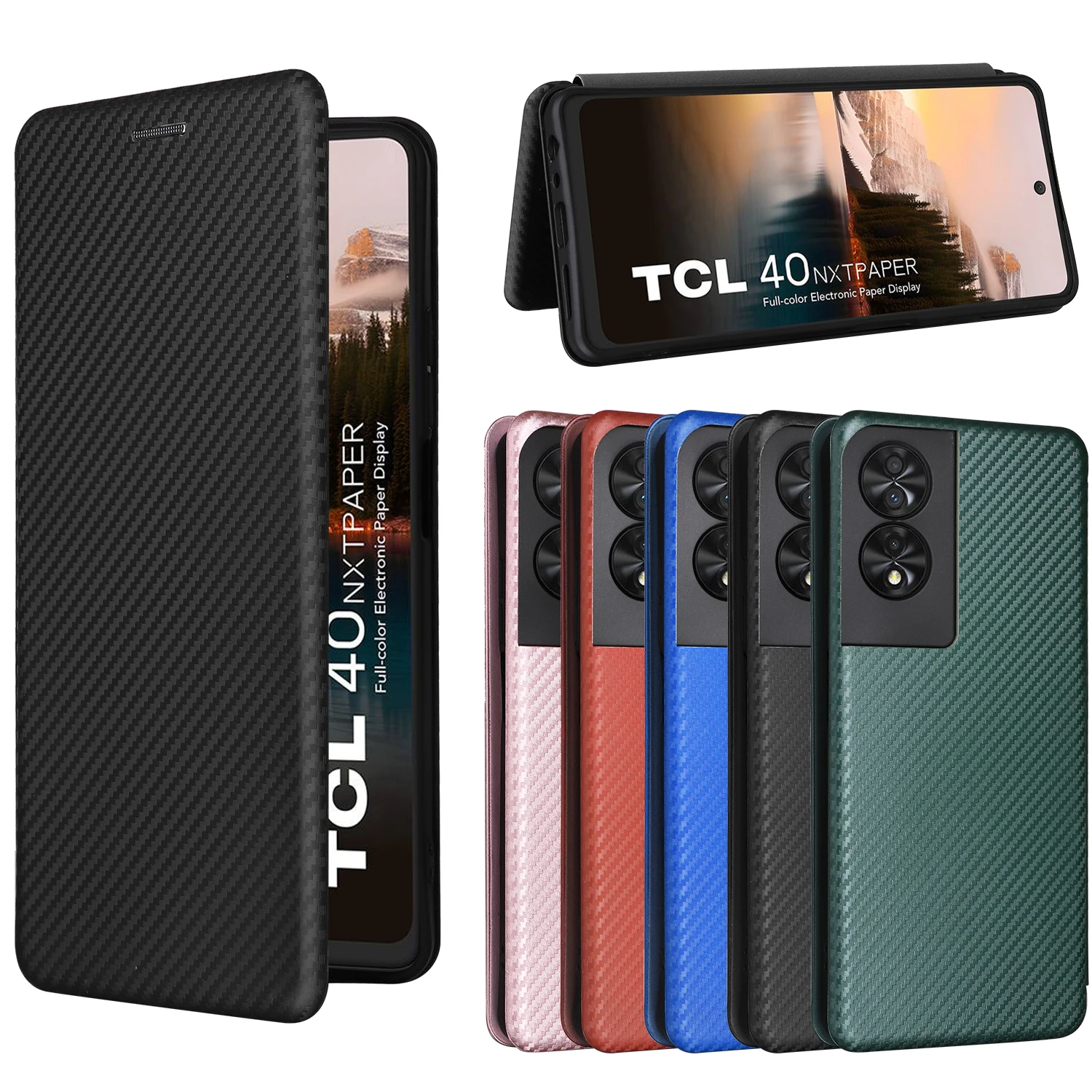 Carbon Fiber For TCL 40 NxtPaper 4G T612B Case Magnetic Flip Book Stand Card Wallet Leather Protective Cover