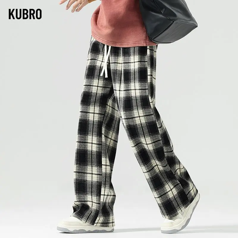 

Мужские повседневные уличные брюки, осенние клетчатые спортивные брюки с завязками, свободные прямые длинные брюки, удобные мужские брюки из полиэстера