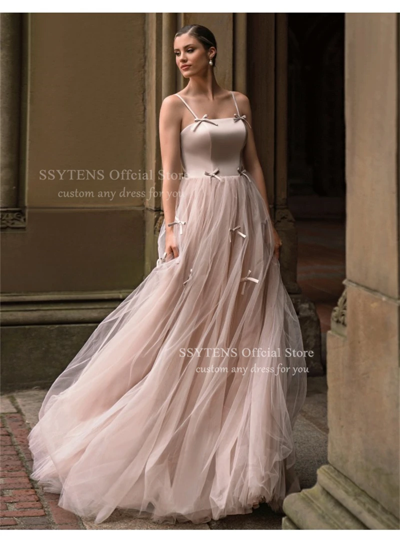 SSYTENS 여성을위한 우아한 얇은 명주 그물 이브닝 드레스 웨딩 파티 드레스 스파게티 스트랩 바닥 길이 긴 신부 가운 맞춤형