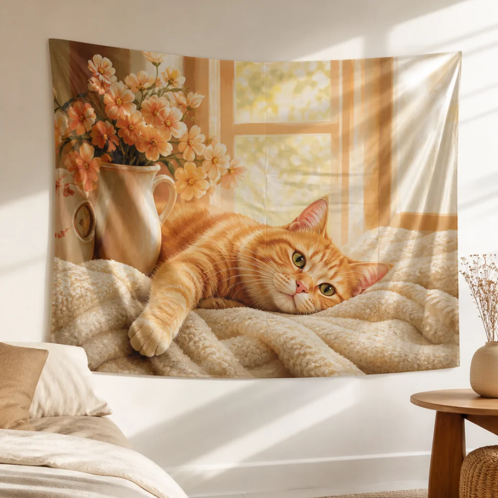 Warm light window lazy orange cat daisy bouquet tapestry 150X100CM bedroom gentle atmosphere wall decoration background cloth