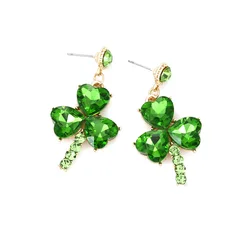 GREEN SHAMROCK HEART PAVE CRYSTAL CLOVER EARRINGS Emerald St Paddys Day Earrings for Women Irish May Jewelry Three Leaf Clover
