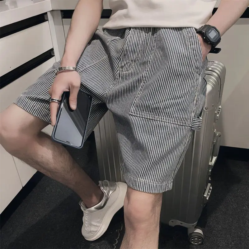 2024 Summer Men\'s Clothing Denim Shorts Striped Pants Leisure Time Easy Button Mid Waist Zipper Fashion Trend All-match Shorts