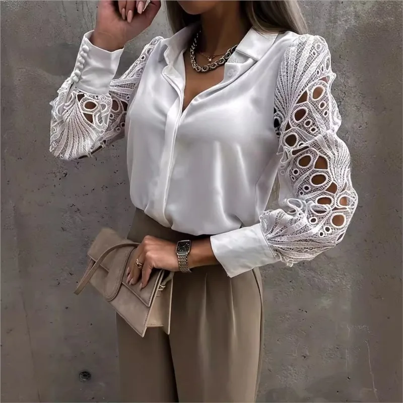 2024 Spring/Summer Solid Color Lace Spliced Shirt For Women Fashion Hollow Out Long Sleeve Single Breasted Blouse Femme Blusas