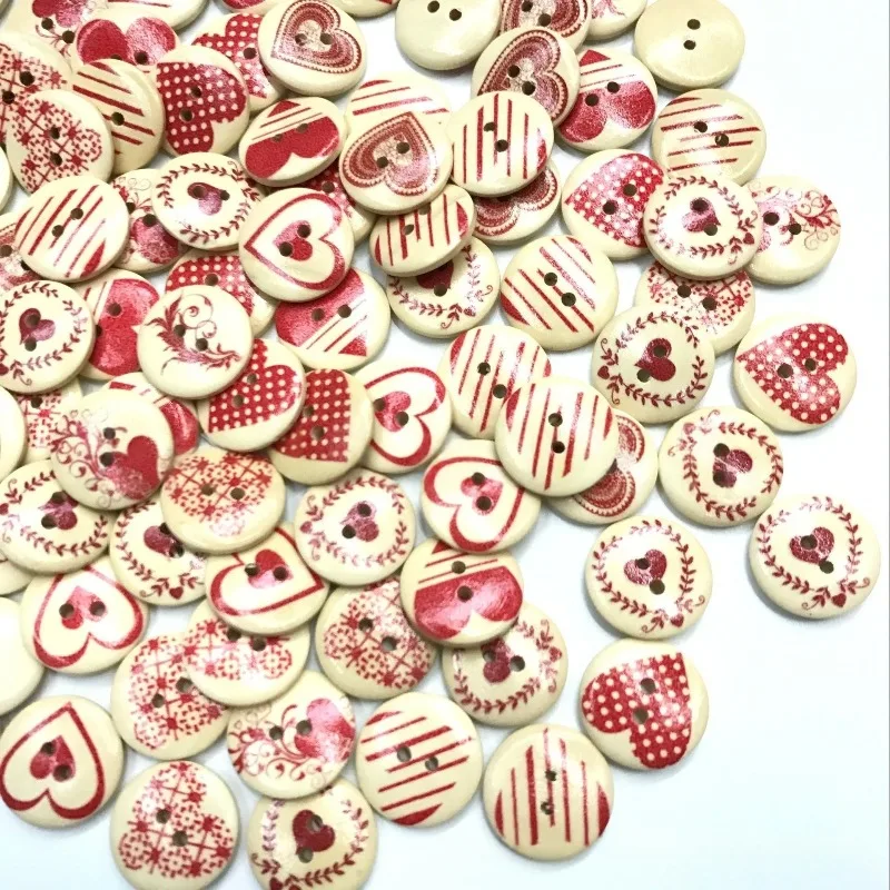 100Pcs 15mm Natural Flat Round Printed Wood Buttons 2-Hole Flat Round with Heart Decorative Wooden Buttonsfor DIY Sewing - view 6