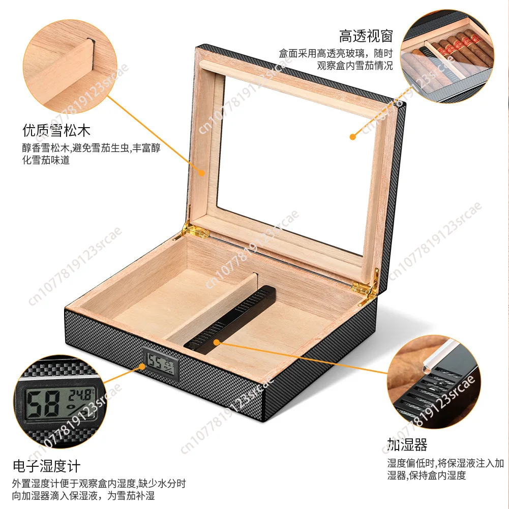 Carbon Fiber Cedar Wood Cigar Humidifier Box, Transparent Glass Display, Portable Cigar Case with Electronic Hygrometer