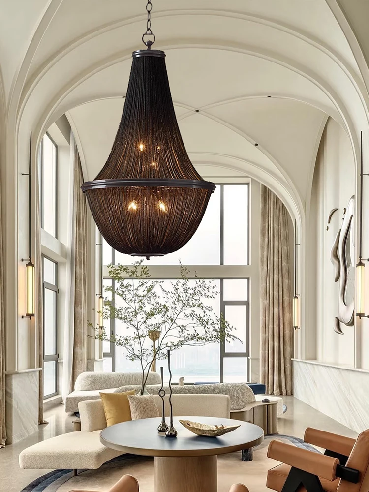 Neoclassic Luxury Black Metal Chandeliers High Ceiling Stair Big Pendant Lamp Lighting Fixtures Hall Foyer Dining Room Lustre