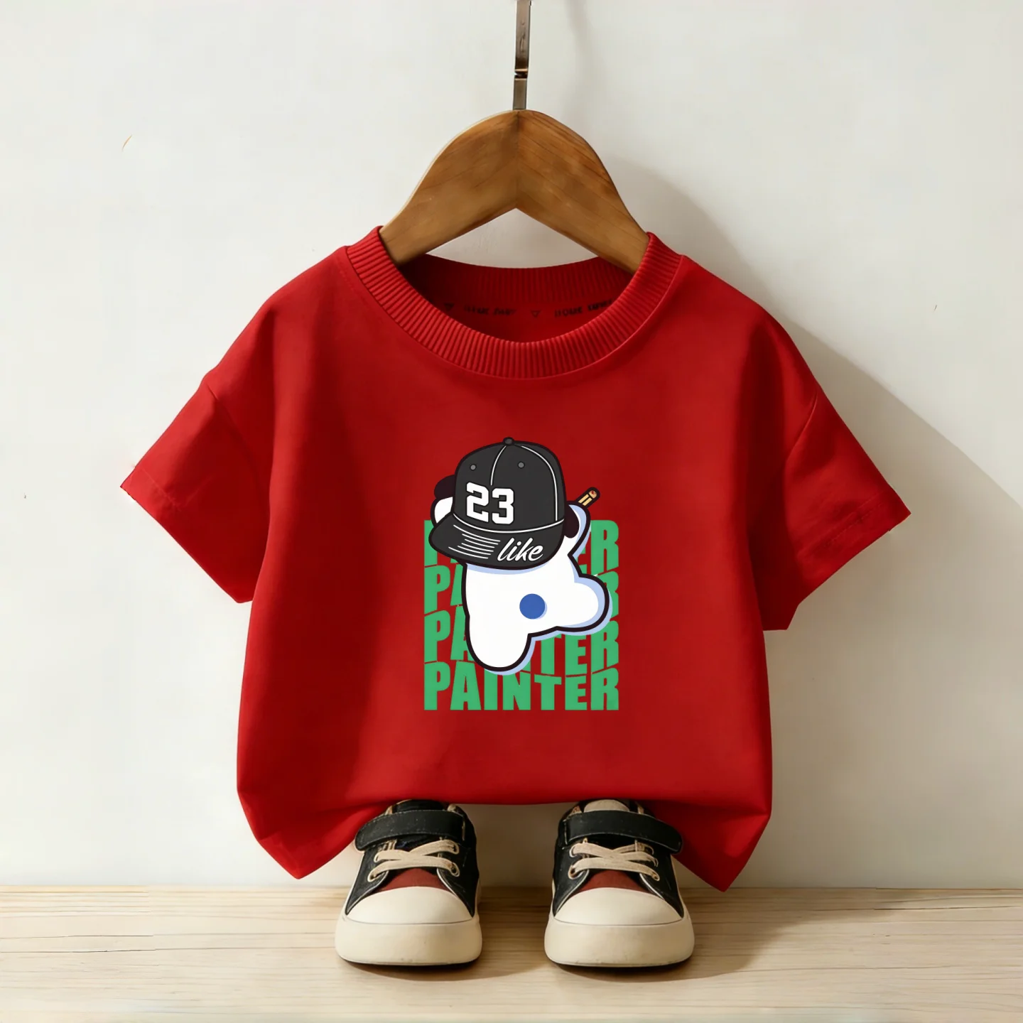 Cartoon Cute Painter Printed Short Sleeved T-shirt for Children, Round Neck Loose Top for Boys and Girls Children's Clothing