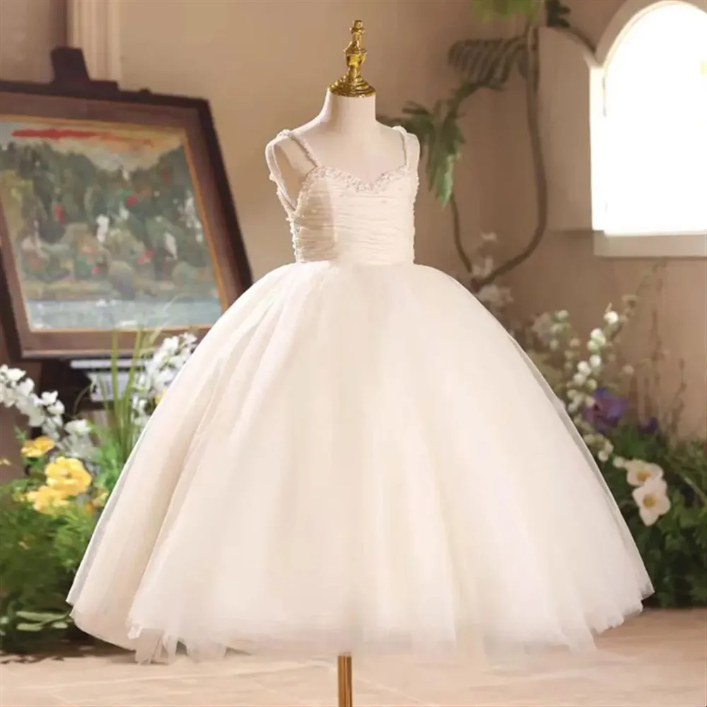 

Elegant Flower Girl Wedding Dress Spaghetti Strap Appliques Beaded Fluffy Kids Evening Party First Communion Prom Banquet Gown