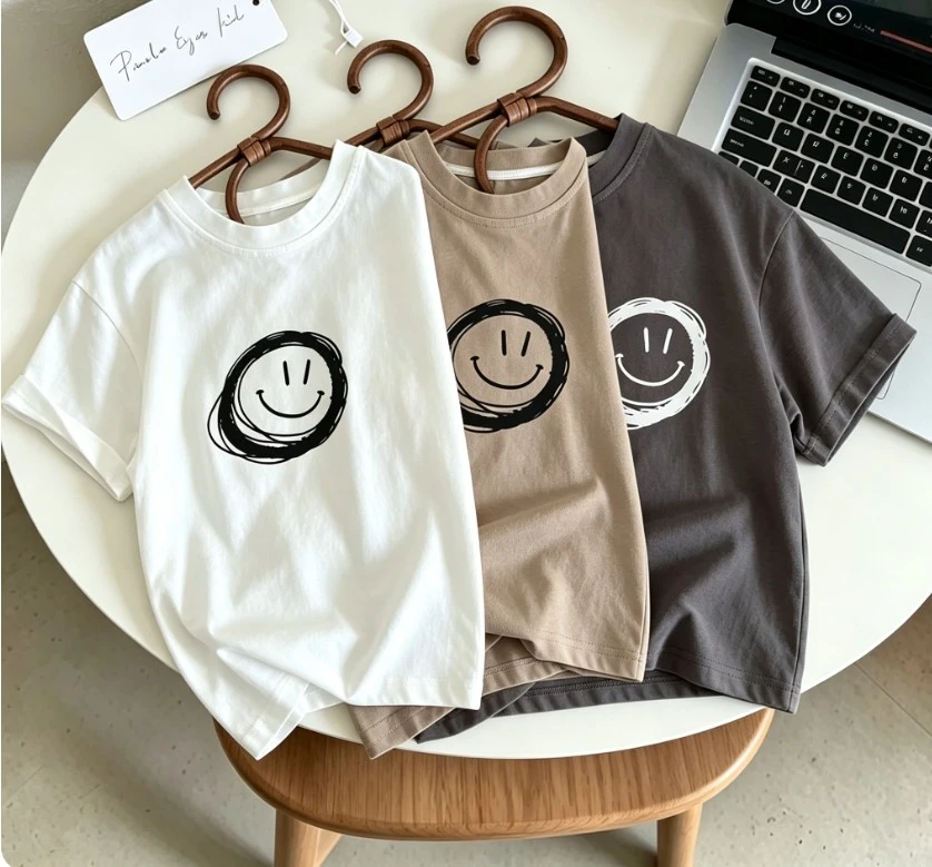 Kids Casual Short Sleeve Cotton T-Shirt Minimalist Sketch Smiley Face Graphic Print Crew Neck Loose Fit Tee Kid Soft Basic Tees