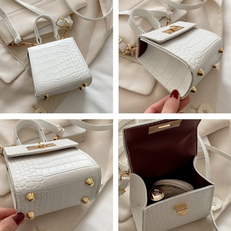 Trendige Geprägte Mini-Damen-Umhängetasche mit Goldverschluss Schultertaschen Abnehmbarer Riemen Henkeltasche Niedliche Crossbody-Handtasche – Detail 7