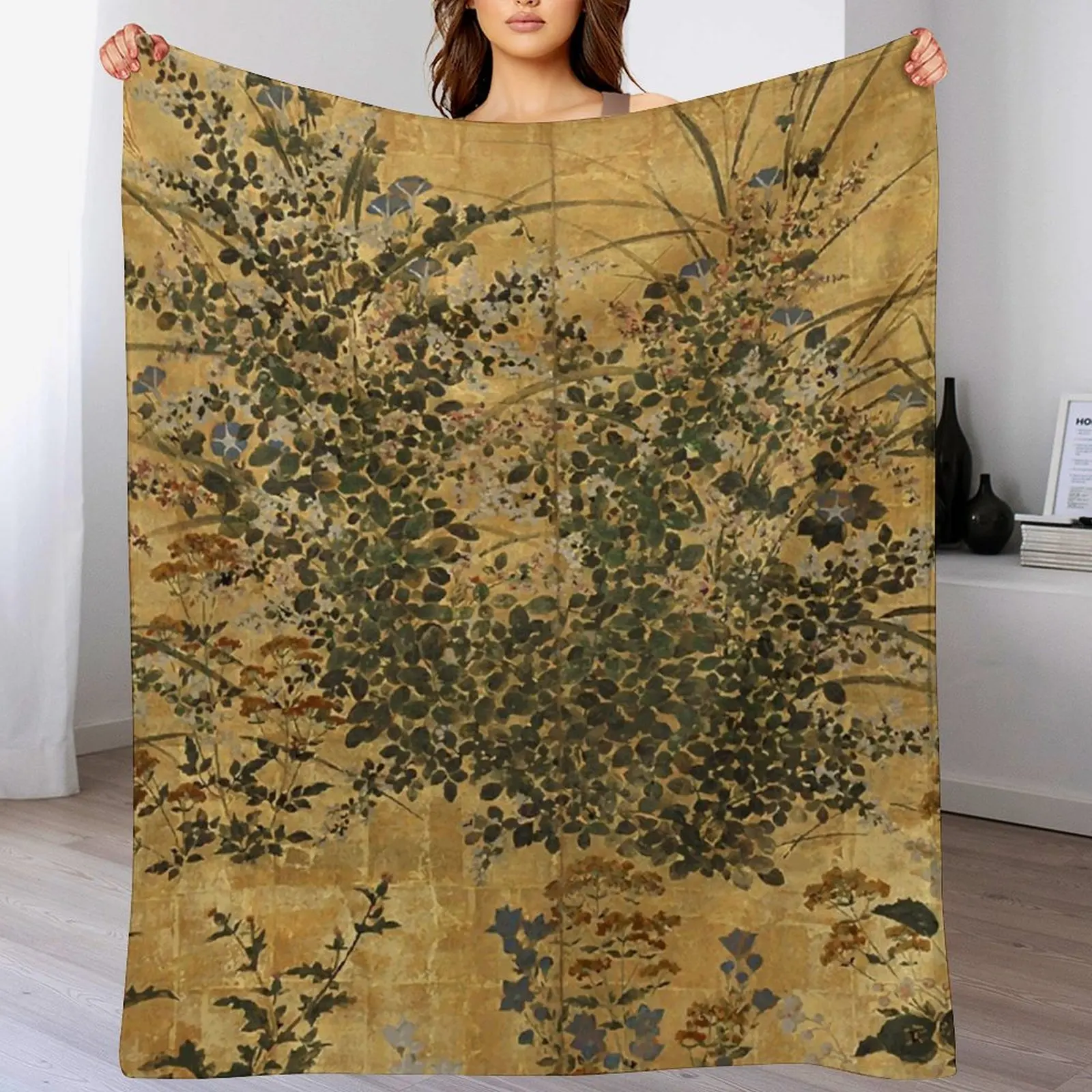 

Vintage Japanese Floral Gold Leaf Screen With Morning Glory Throw Blanket Hairys Furrys Blankets For Baby Sofas Blankets