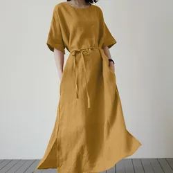 2024 Summer Fashion Solid O-neck Cotton Linen Dress Female Casual High Waisted Lace Up Dress Women Elegant Party Dresses Robe