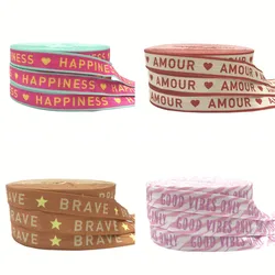 10Yard Letter HAPPINESS AMOUR Heart Print Fold Over Elastic 15MM FOE Ribbon For DIY Headwear Gift Webbing Accessories