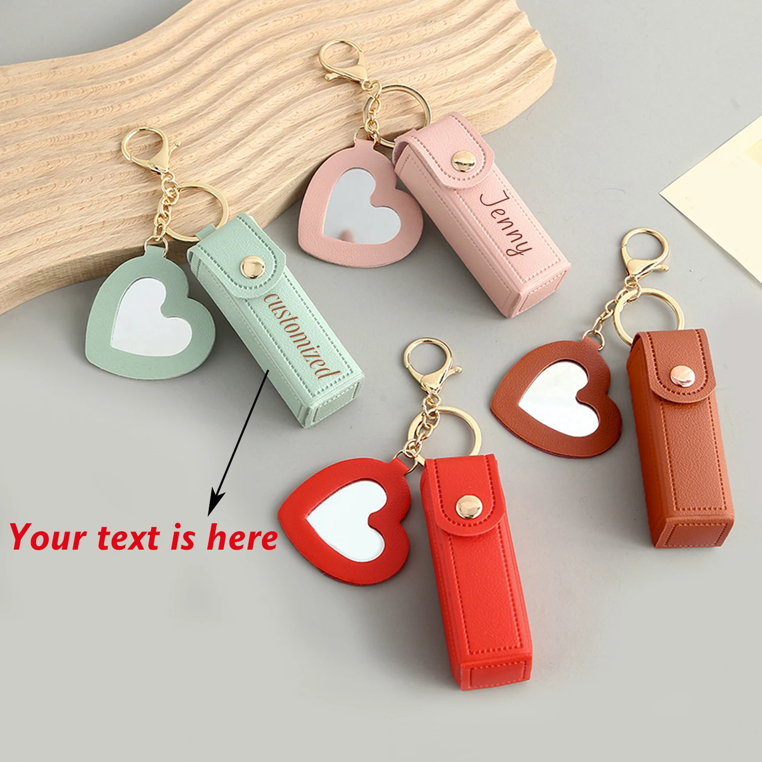 

Custom Name Mini Lipstick Bag Personalized Text Keychain Makeup Mirror Girl Gift Laser Engraving PU Customized Name Coin Purse