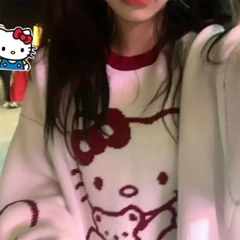 Kawaii Sweater Sanrioed Hello Kitty Anime Spring Winter Preppy Knitting Sweater Long Sleeve Girls Tops Loose O-Neck Trend Sweet