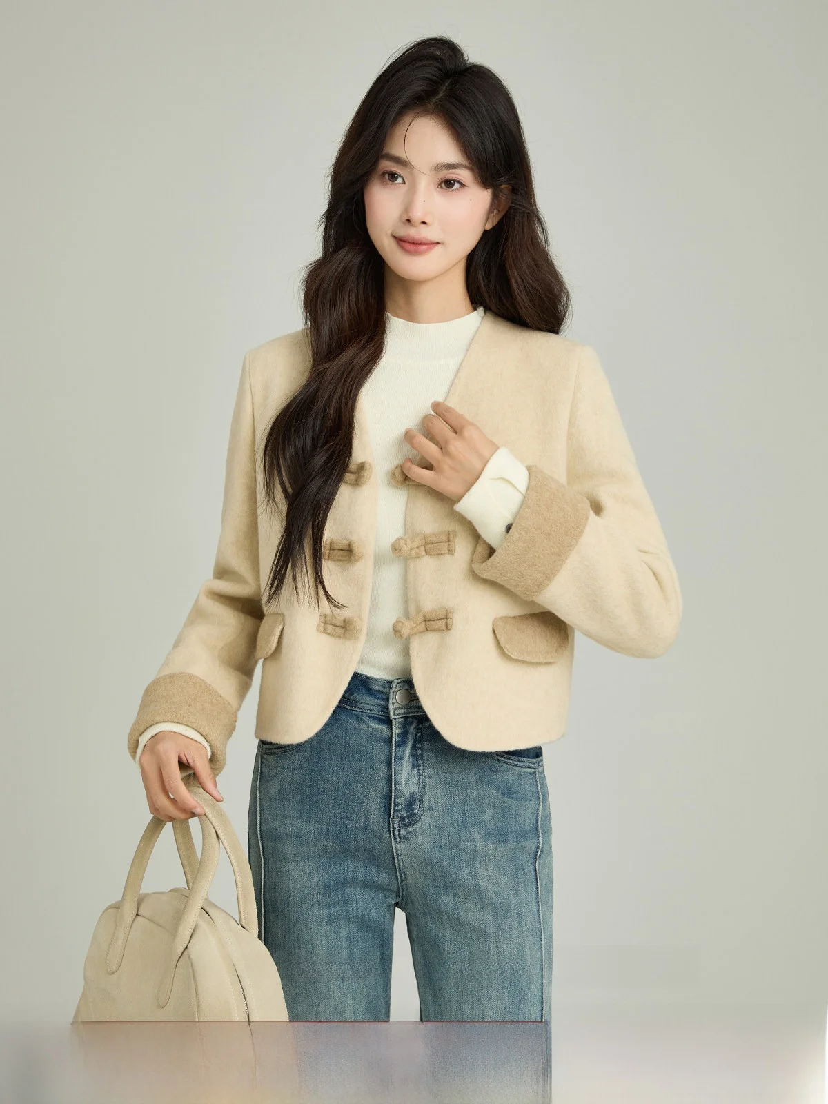 

Khaki ort Double-Faced Woolen Coat V-Ne Women's Outerwear Commute Sle Long Sve Winter Faion Small Size Coat