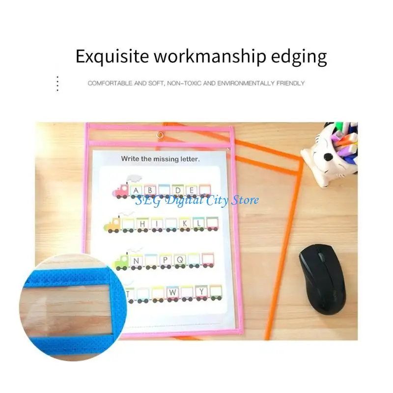 

U75B 30 Pieces Worksheet Pockets Waterproof PVC Pocket with Marker, Eraser, Binder Rings for Classroom, School, Office, Home
