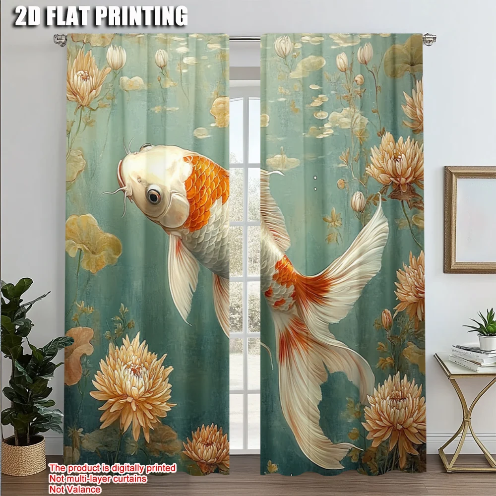

2pcs, Popular Curtain Panels 2D print Elegant Koi Fish Machine Washable (without rod) Decorations Inside Perfect for Living