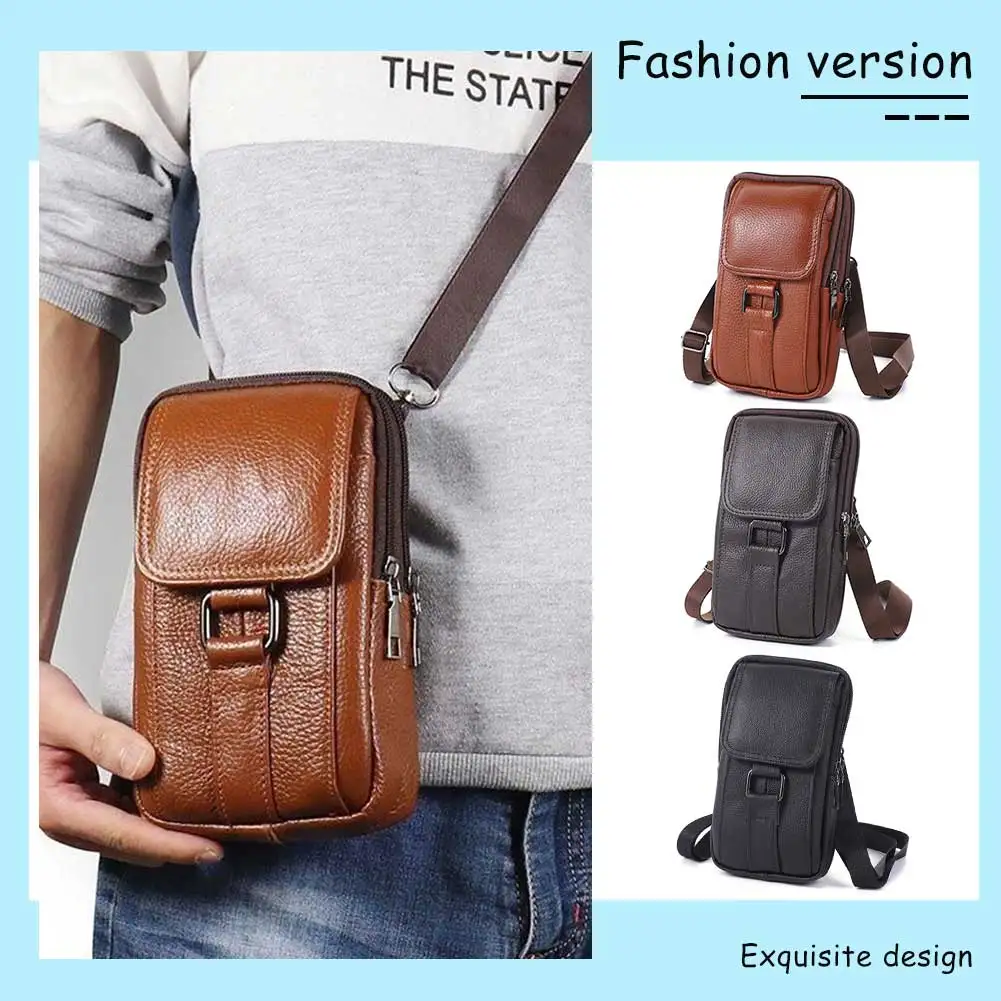 

Portable Crossbody Bags Cowhide Leather Cell Phone Belt Pack Fashion Simple Multi-pockets Casual for Outdoor Sport