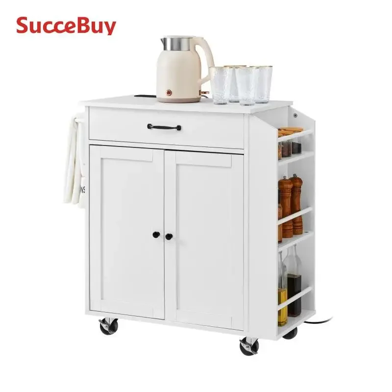 

Kitchen Island Cart 32" Mobile Carts with Storage Cabinet Rolling Table with Power Outlet Spice Rack Towel Bar