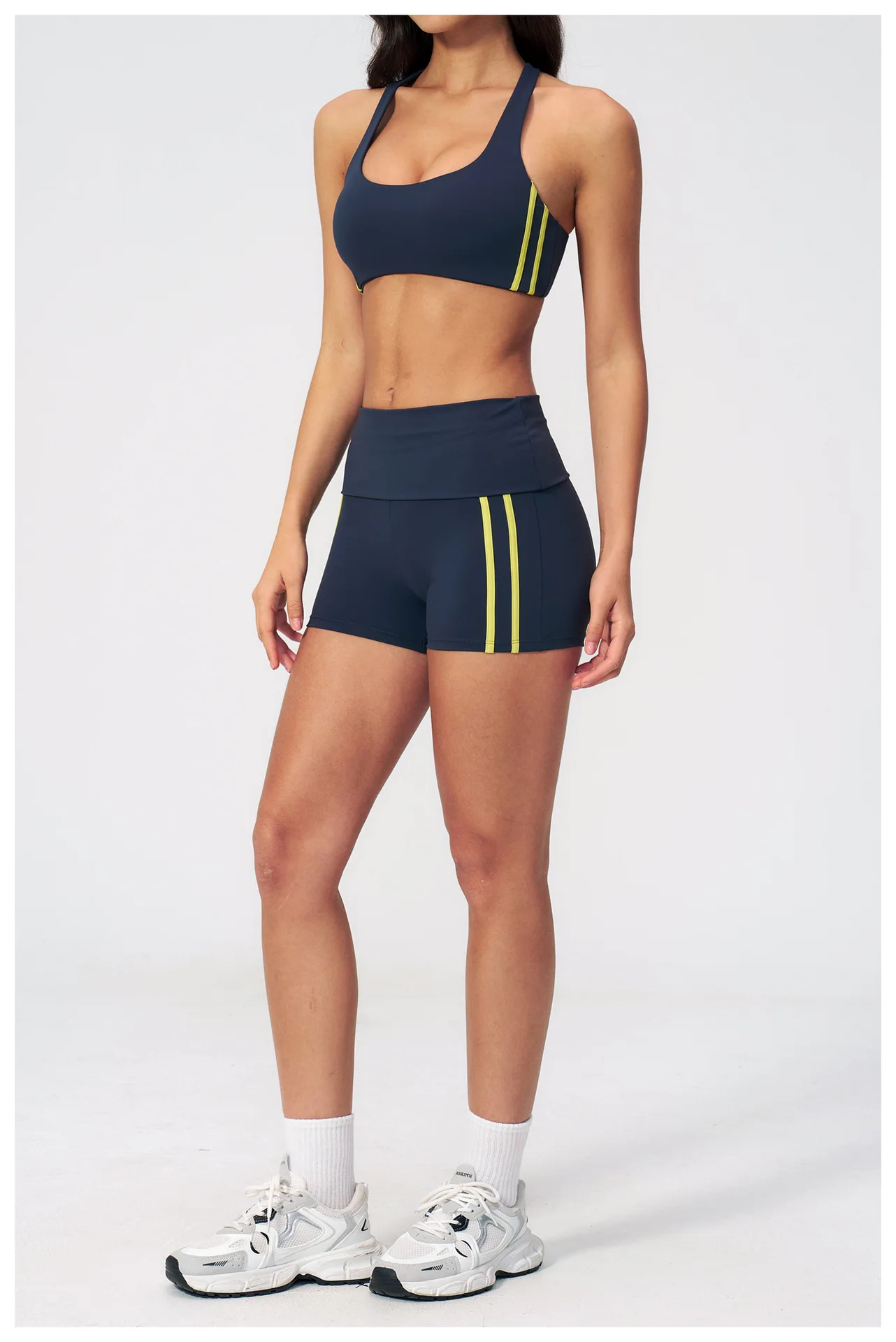 Contrast Color Yoga Set Striped Sports Bra High Fold Waist Shorts Tracksuits Cloud Feeling Workout Fitness Outdoor Running Suit