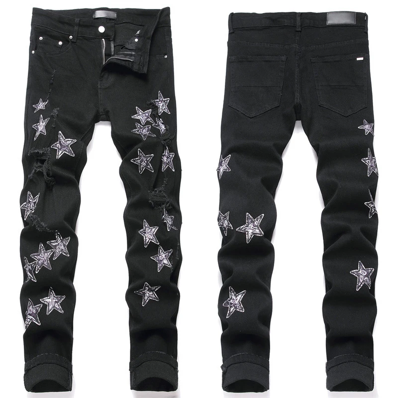 

Men's jeans New style Fashion trend black ripped embroidery five-pointed star stretch small feet men's jeans 334