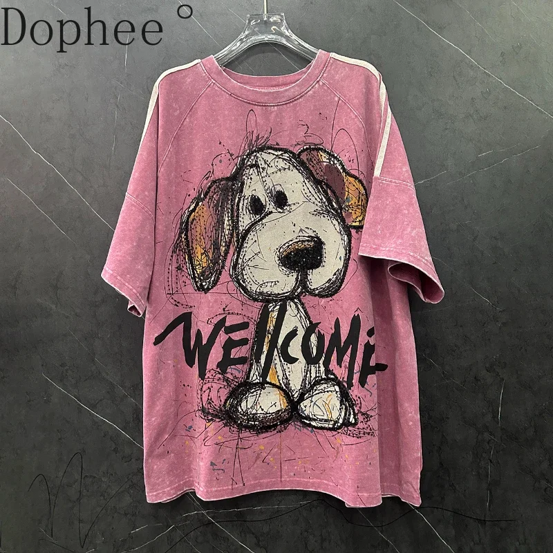 New Spring Summer Women Pink Short Sleeve T-shirt Sequins Cartoon Printed Loose O-neck Pullover Top All-match Mid-long Tees