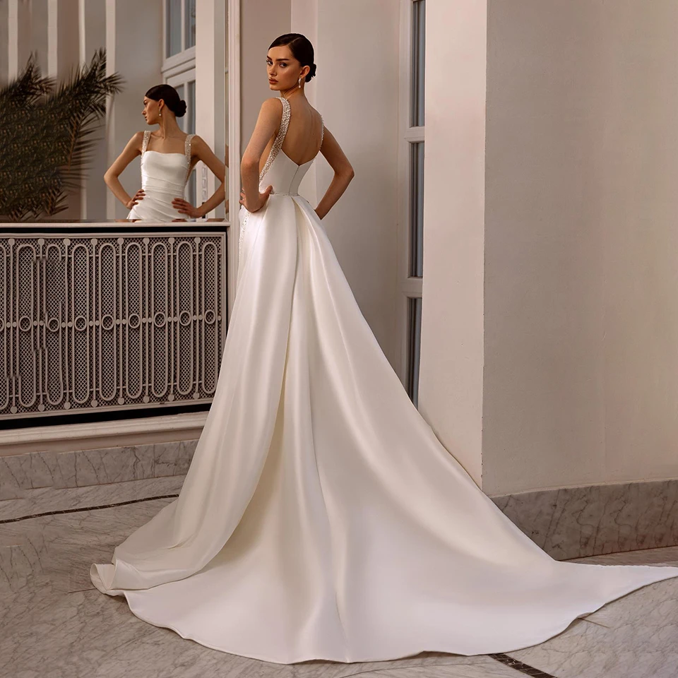 Satin Detachable Train 2 In 1 Mermaid Wedding Dresses 2026 Sleeveless Pearls Beading Lace Appliques Bride Gowns Vestido De Novia