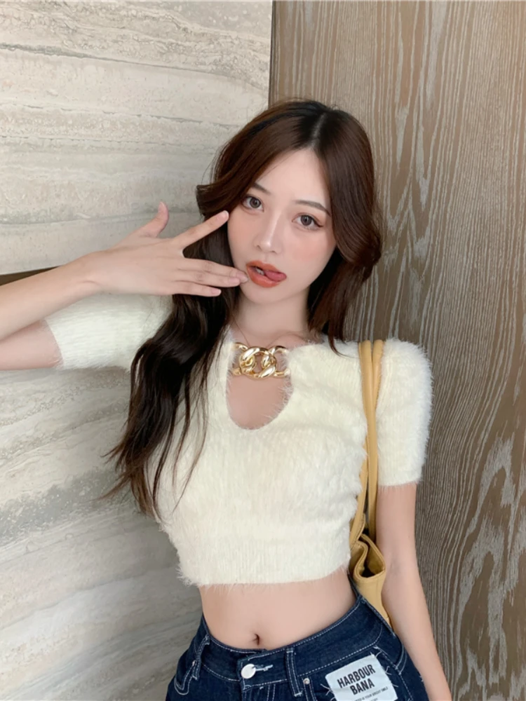 Woherb Women Short Slim Pullover Sexy Chain V-neck Cropped Sweater Chic 2024 Female Korean Mohair  Sleeve Ladies Jumper