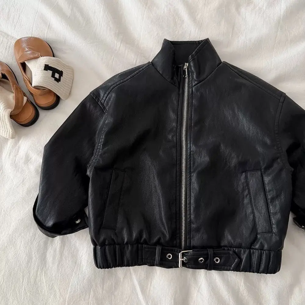 Spring and Autumn Children's Leather Jacket Fashion New Style for Boys and Girls Solid Color Zipper Cardigan Coat