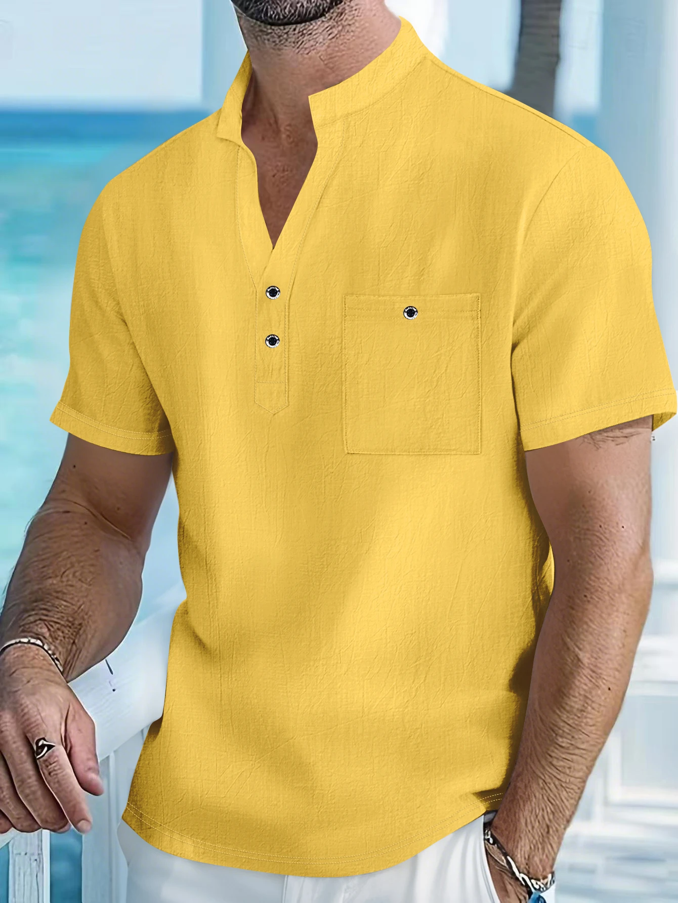 Camisa de manga corta de lino y algodón para hombre con cuello levantado y solapa de medio botón - Ropa informal de ocio al aire libre para primavera y verano