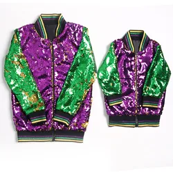 Mardi Gras Women Girls Jacket Children's Clothes Long Sleeve Coats Top Mother Kids Mathing Outwear Sequin Jackets