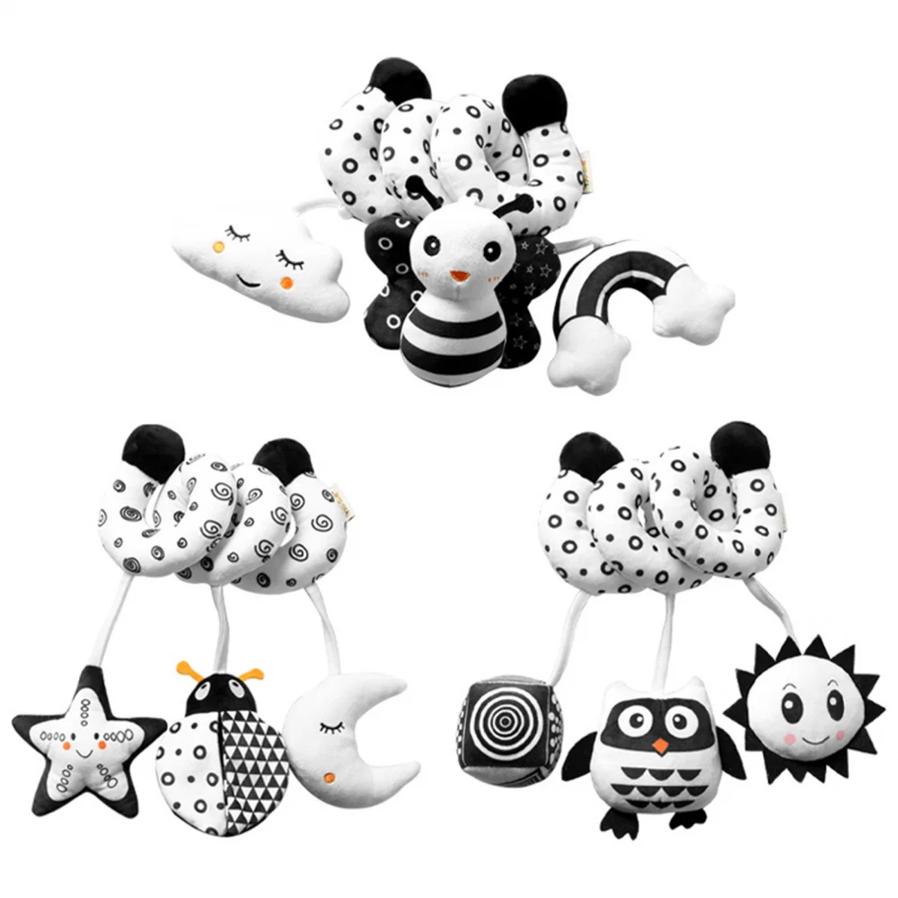 Baby Crib Toy Stroller Stretch Spiral Plush Toys Cartoon Animal Crib Winding Rattles Black & White High Contrast Sensory Toys