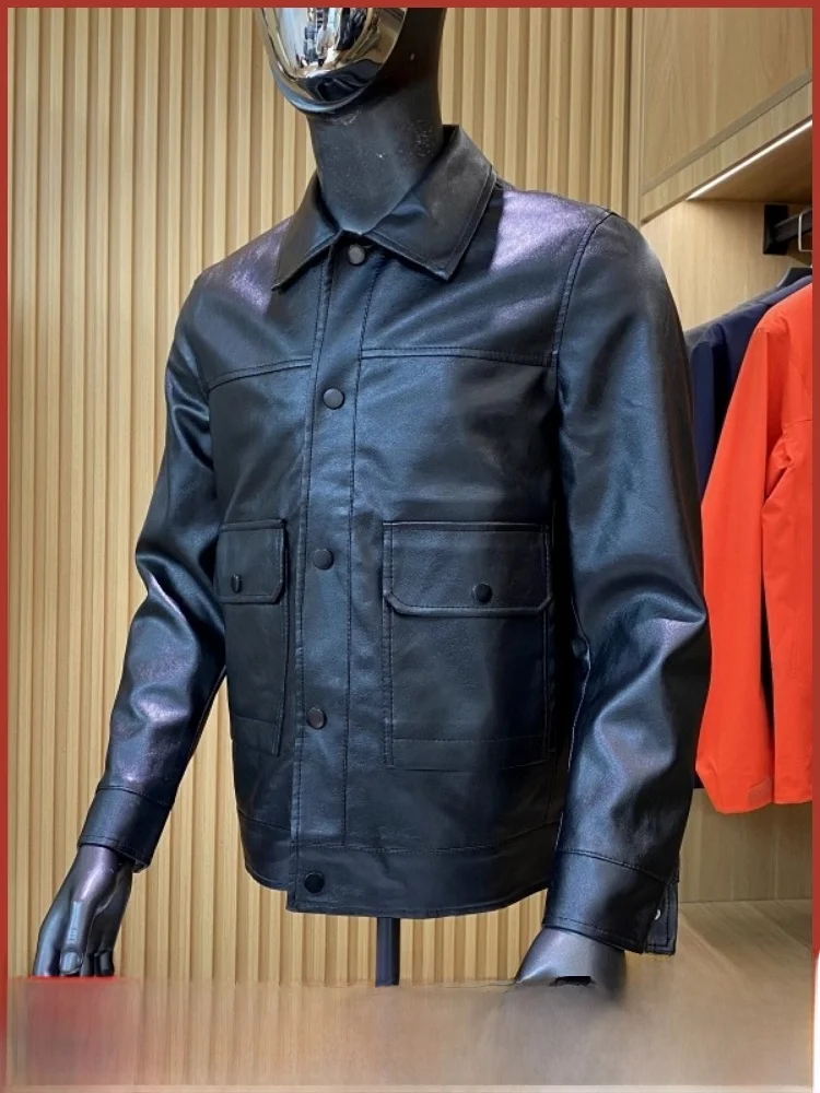 

Leather Jaet Men's Casual Sle Faux Leather Windproof Autumn Season Faion Urban Youth Slim Fit Long Sve Button Decor
