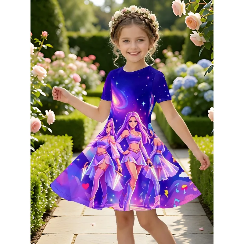 Girl Galaxy Fantasy Anime Warrior Printed Short Sleeve Dress Purple Casual Dress Suitable for Birthday Gifts and Parties