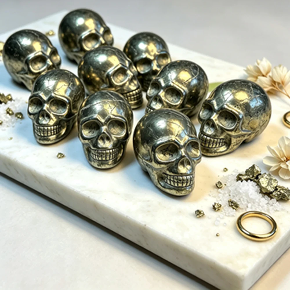 Natural Pyrite Hand Carved Mini Skull Statue  Mineral Specimen Desktop Home Decor Festival Collectible Gift