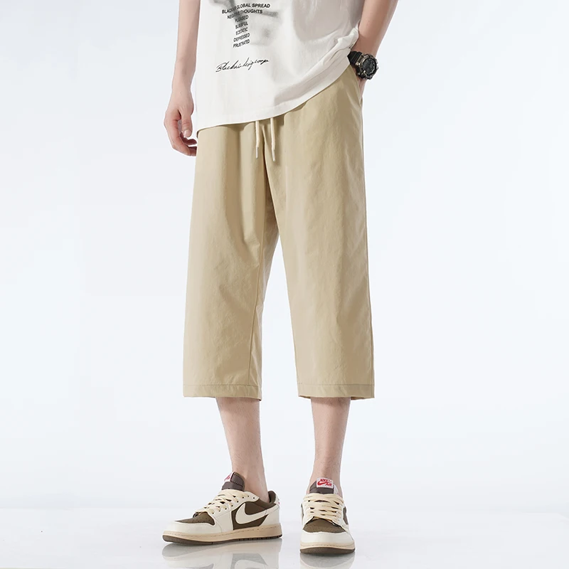 Summer thin gray, apricot, black, ice silk pants, men's quick drying sports casual cropped shorts